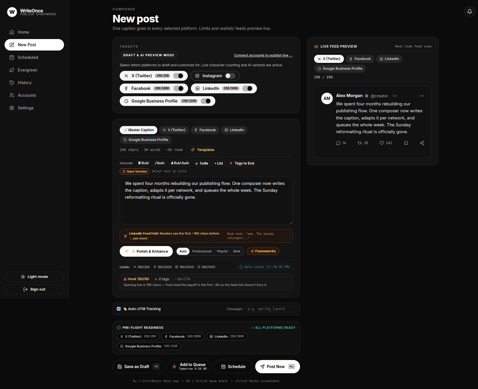 The WriteOnce composer: one master caption on the left with a tab per platform, live character limits against X, Facebook, LinkedIn and Google Business, and a live feed preview on the right. Pre-flight readiness below reports every platform ready to post.